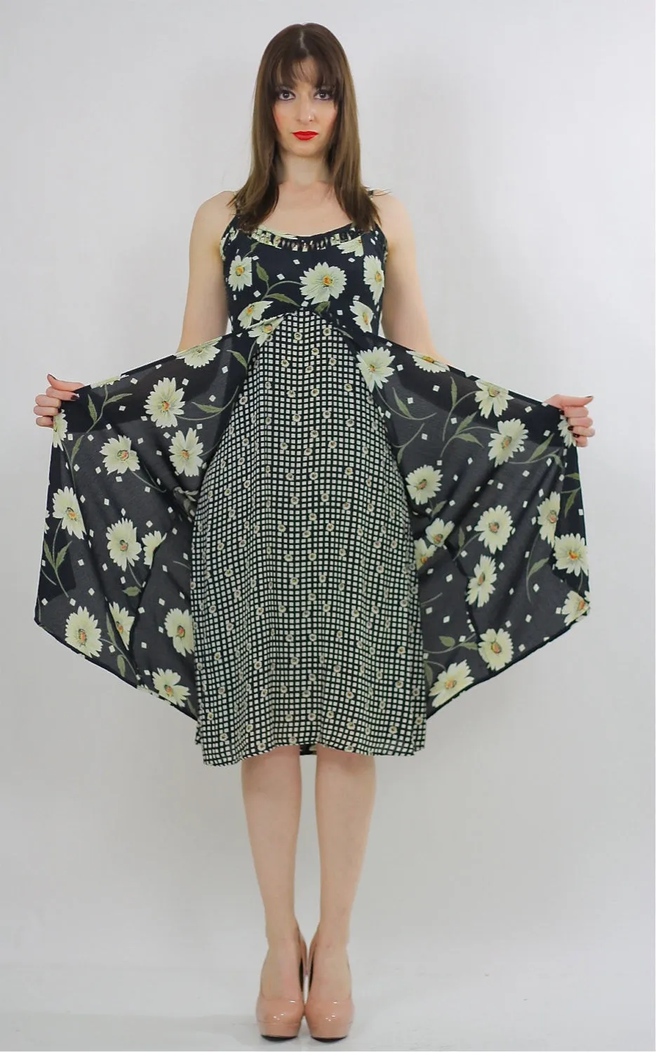 Vintage 90s grunge sunflower dress Boho patchwork sundress tiered  sleeveless S/M