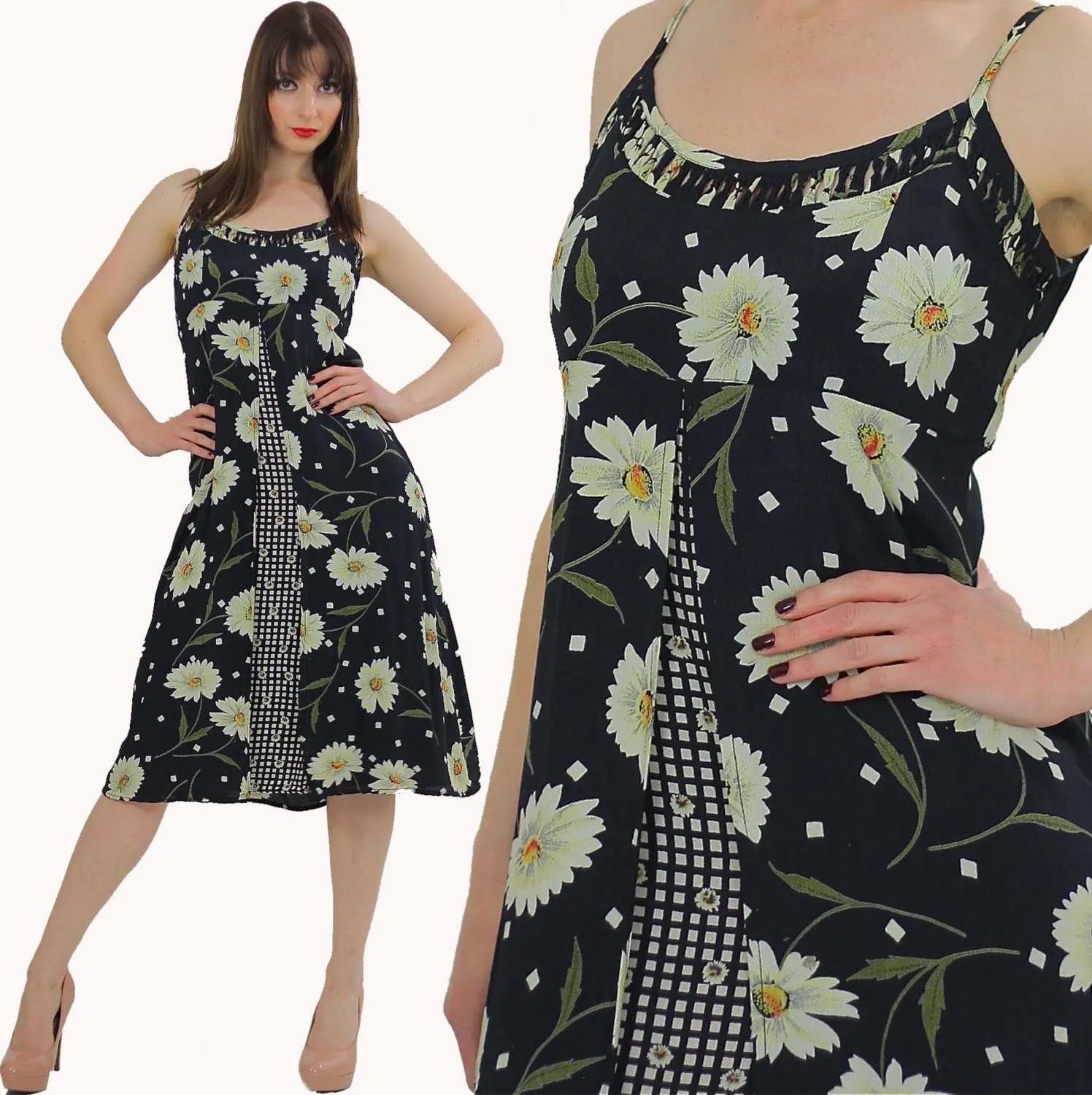 Vintage 90s grunge sunflower dress Boho patchwork sundress tiered  sleeveless S/M