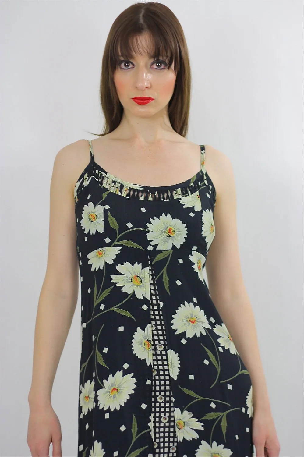 Vintage 90s grunge sunflower dress Boho patchwork sundress tiered  sleeveless S/M