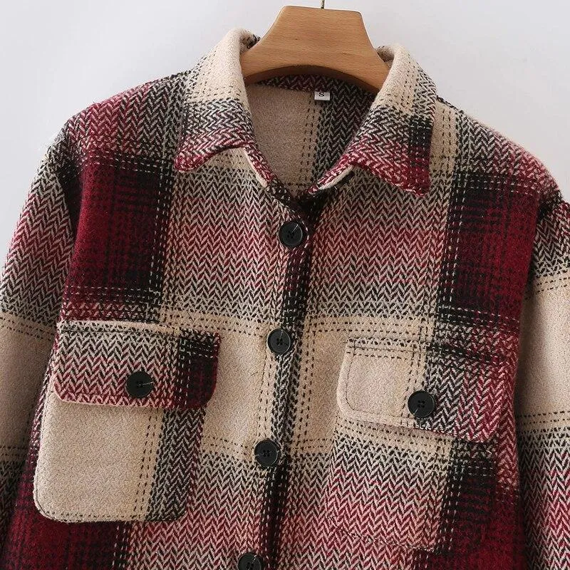 Vintage Plaid Printed Tweed Blouses Shirts Tops
