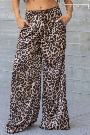 Waitlist 11/30 ♥ Bradley Leopard Print Wide Leg Drawstring Satin Pants Brown