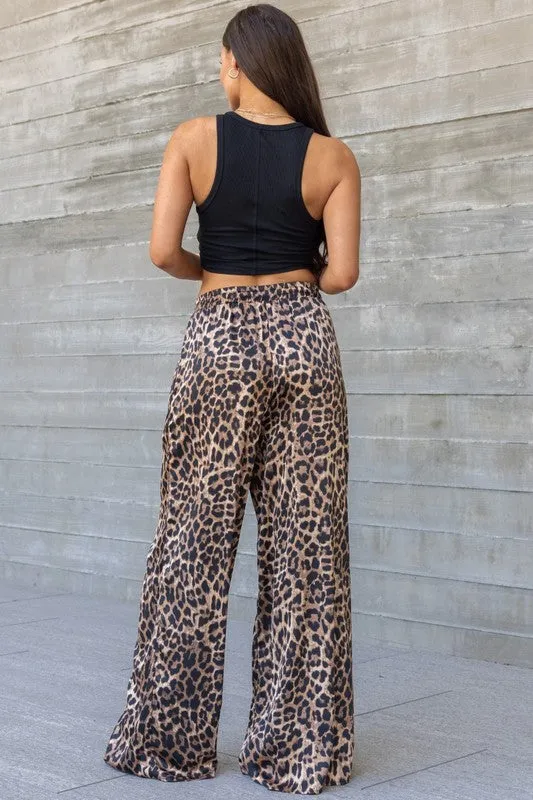Waitlist 11/30 ♥ Bradley Leopard Print Wide Leg Drawstring Satin Pants Brown