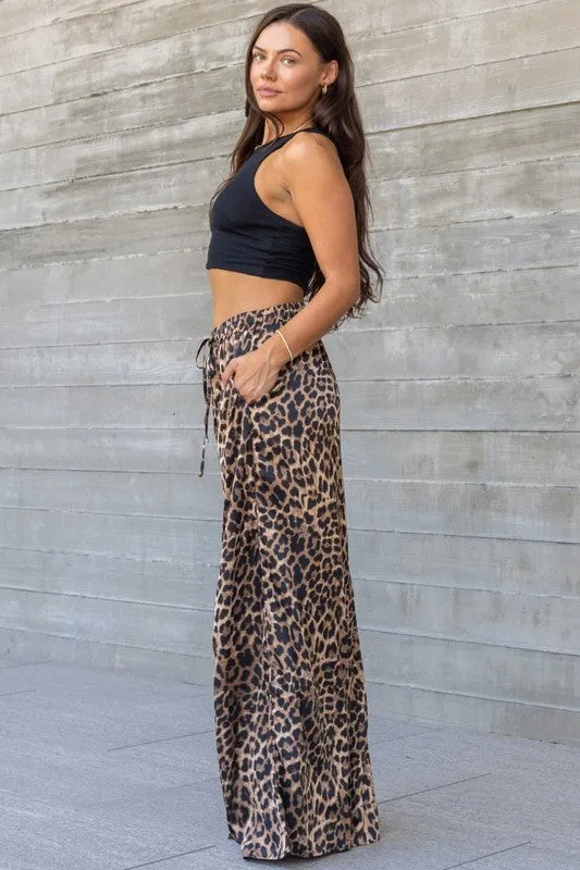 Waitlist 11/30 ♥ Bradley Leopard Print Wide Leg Drawstring Satin Pants Brown