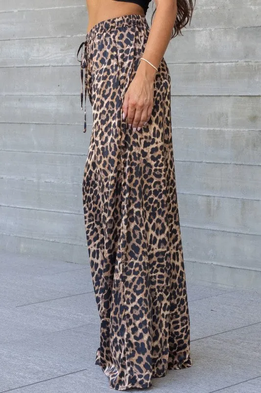 Waitlist 11/30 ♥ Bradley Leopard Print Wide Leg Drawstring Satin Pants Brown