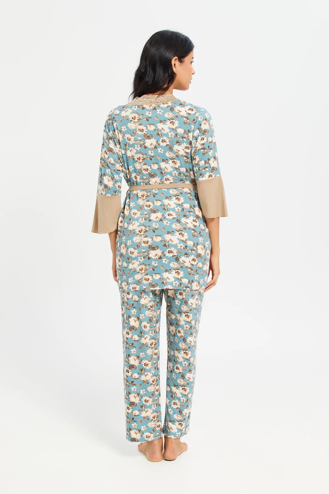 Women Teal And Beige Printed Pyjama Set With Robe (3 Piece)
