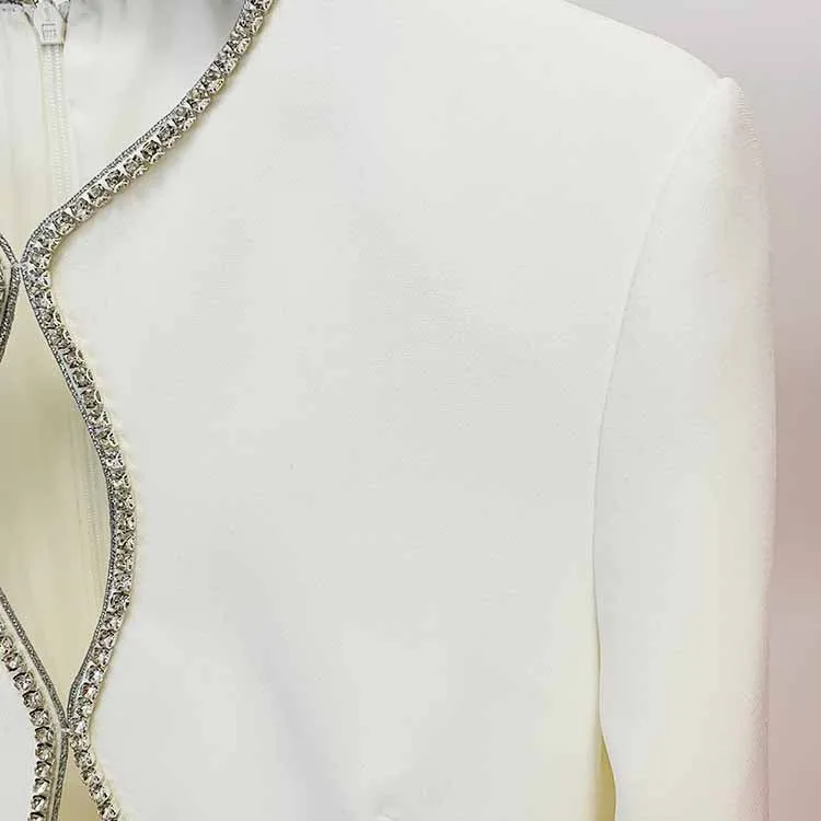 Women White Hand Made Studded Bead Neck Sexy Flare Trousers Playsuit Jumpsuit