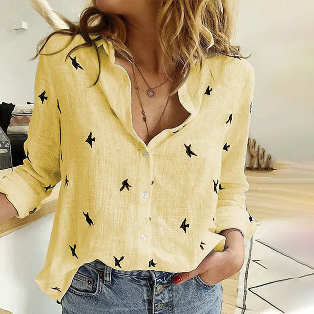 Women's Birds Print Shirts Blouses Spring Cotton Linen Plus Size 5XL Female Shirt Long Sleeve 2020 Summer Casual Ladies Blouse