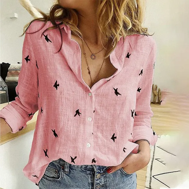 Women's Birds Print Shirts Blouses Spring Cotton Linen Plus Size 5XL Female Shirt Long Sleeve 2020 Summer Casual Ladies Blouse