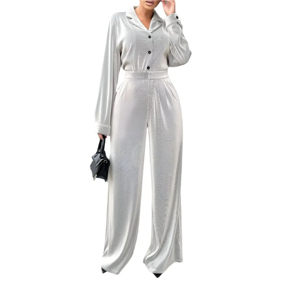 Women’s Casual Solid Color Button-Front Long Sleeve Blouse & High Waist Wide-Leg Pants 2-Piece Set – Comfortable & Stylish