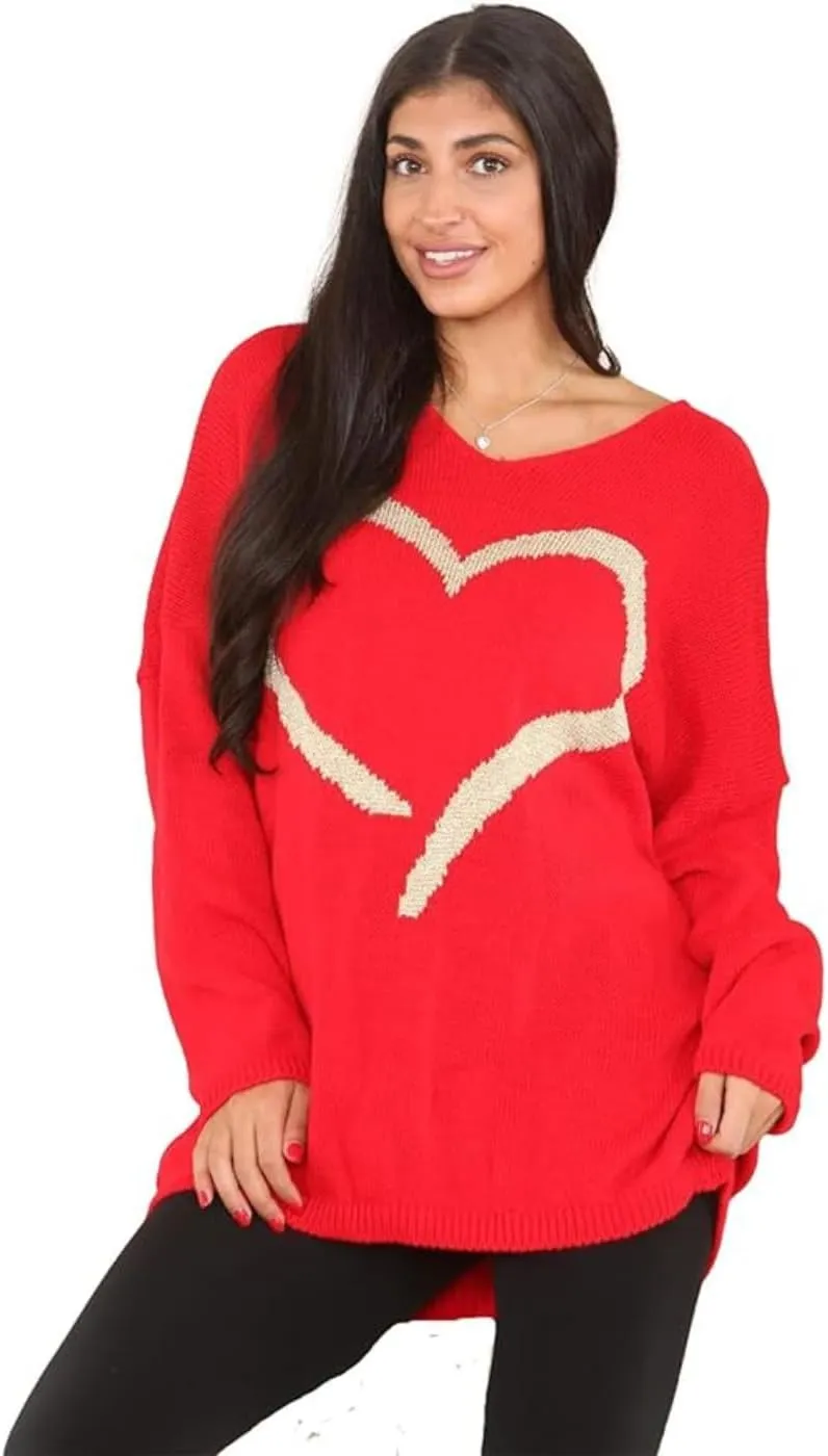 Womens Italian Knitted Oversized Lagenlook Big Heart Print Jumper