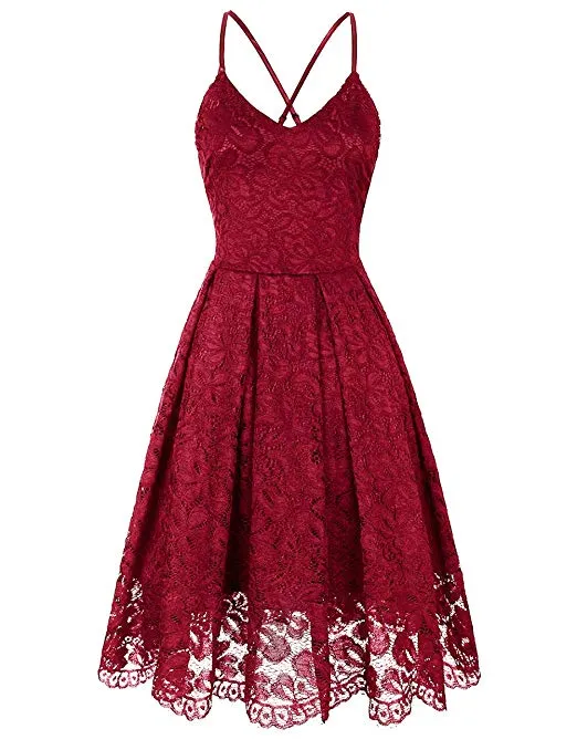 Women's Lace Floral V Neck Spaghetti Straps Backless Cocktail A-Line Dress for Party