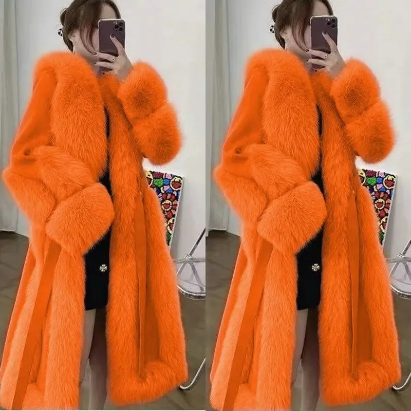 Women's Long Loose  Wool Faux Fur Coat