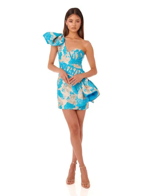 Womens Sexy V Neck One Shoulder Backless Draped Mini Jacquard Dress