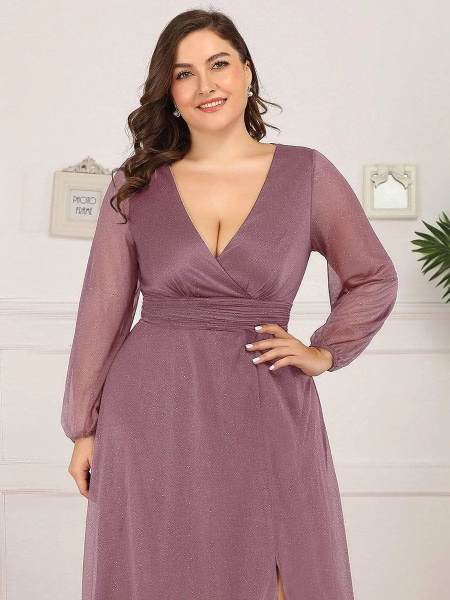 Women's Sexy V-Neck Shiny Plus Size Evening Dresses with Long Sleeve