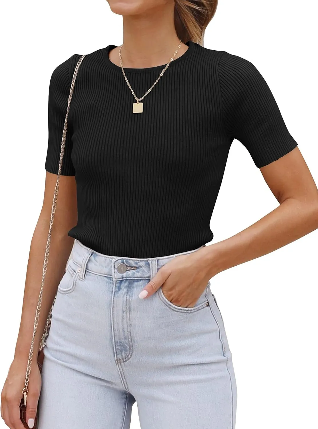 Women'S Short Sleeve Crewneck T Shirt 2024 Summer Ribbed Knit Slim Fit Basic Solid Color Tee Tops