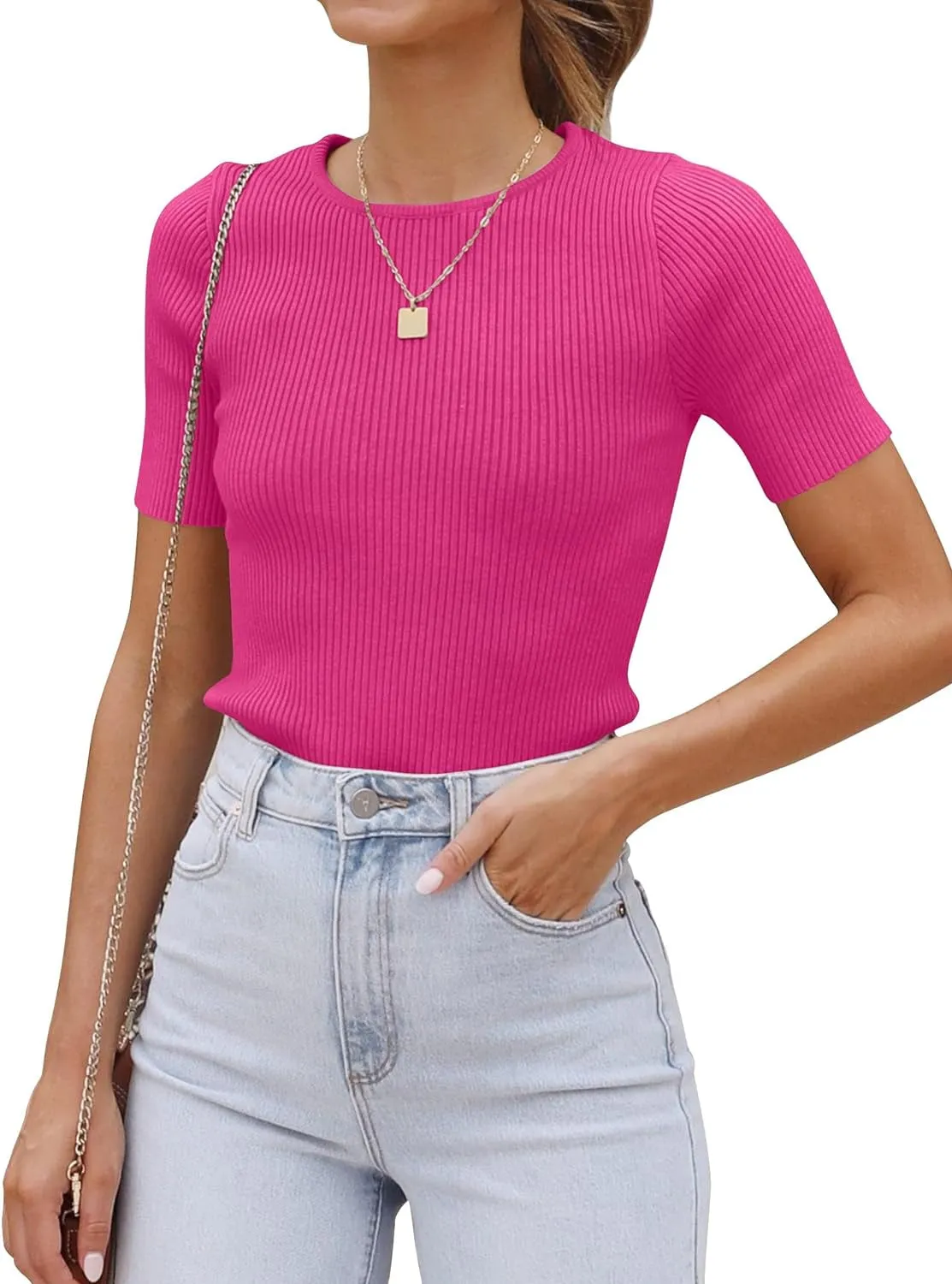Women'S Short Sleeve Crewneck T Shirt 2024 Summer Ribbed Knit Slim Fit Basic Solid Color Tee Tops