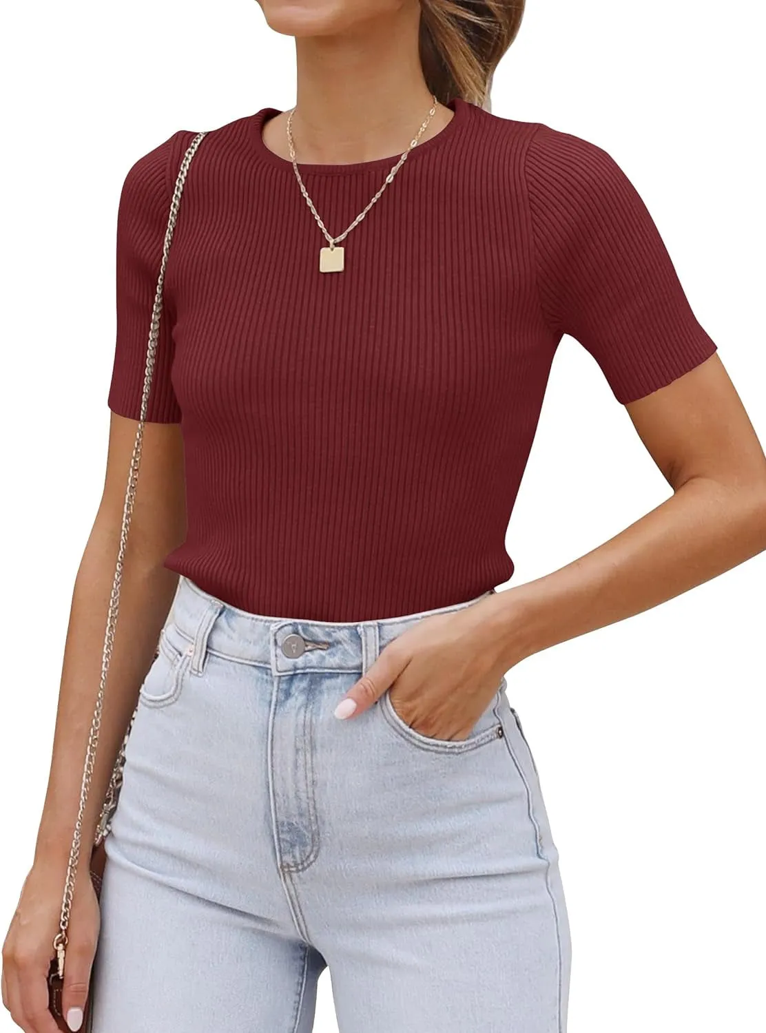 Women'S Short Sleeve Crewneck T Shirt 2024 Summer Ribbed Knit Slim Fit Basic Solid Color Tee Tops