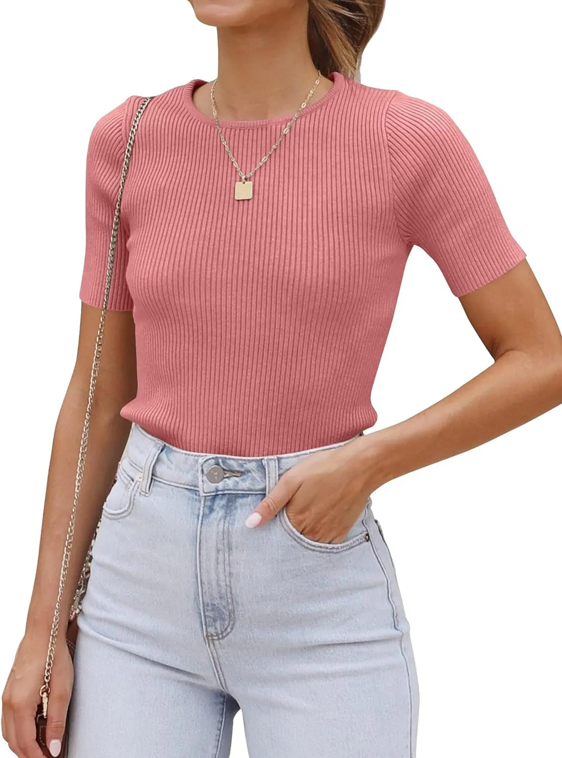 Women'S Short Sleeve Crewneck T Shirt 2024 Summer Ribbed Knit Slim Fit Basic Solid Color Tee Tops