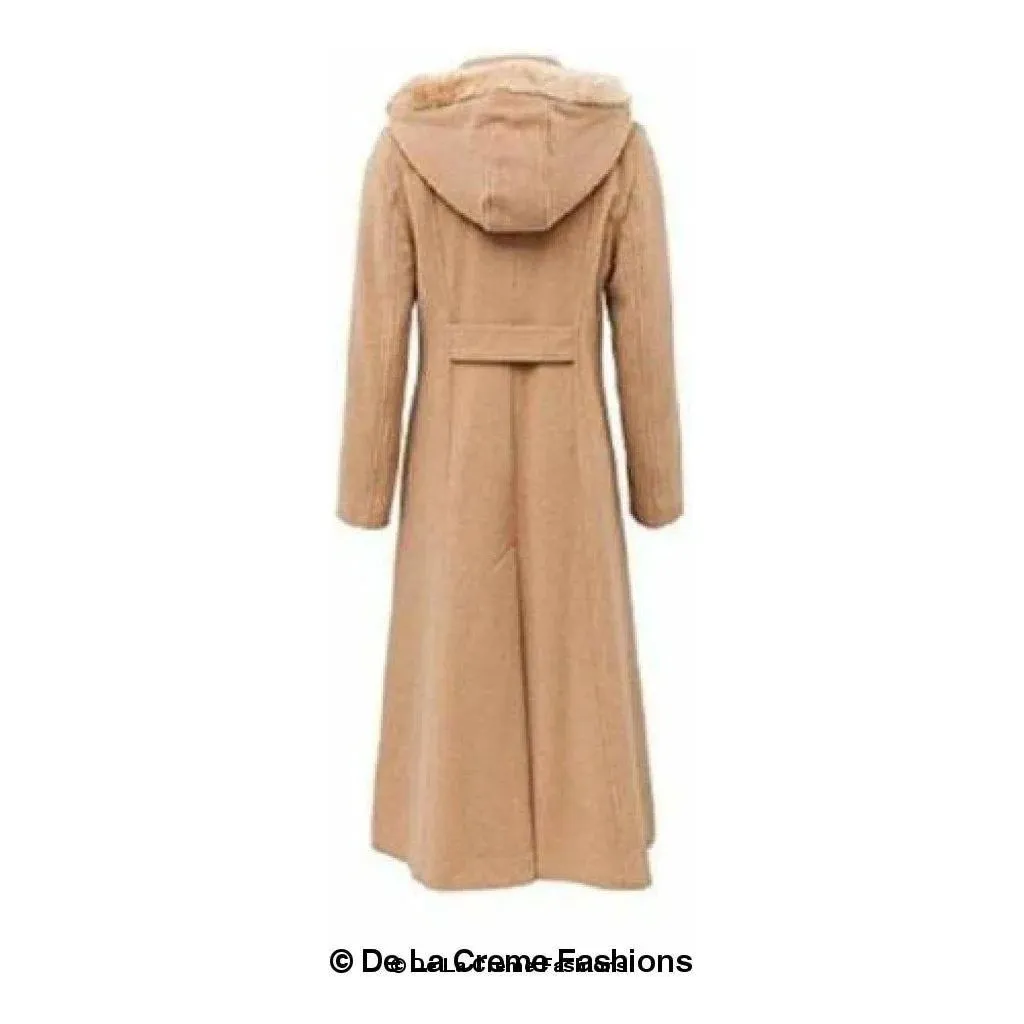 Wool Blend Faux Fur Trim Hooded Long Coat