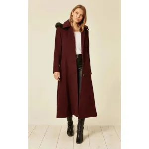 Wool Blend Faux Fur Trim Hooded Long Coat