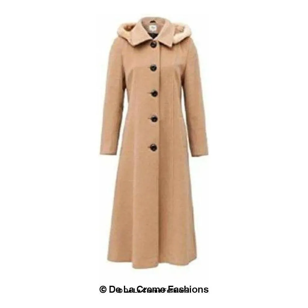 Wool Blend Faux Fur Trim Hooded Long Coat