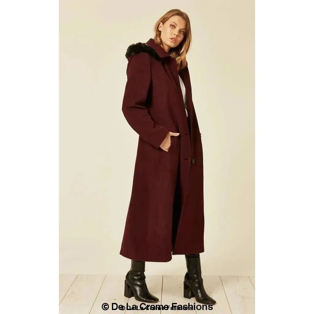 Wool Blend Faux Fur Trim Hooded Long Coat