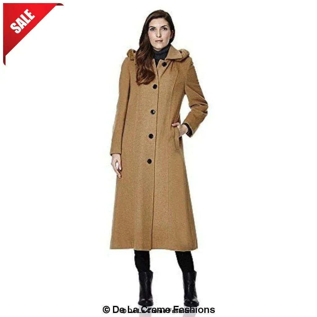 Wool Blend Faux Fur Trim Hooded Long Coat