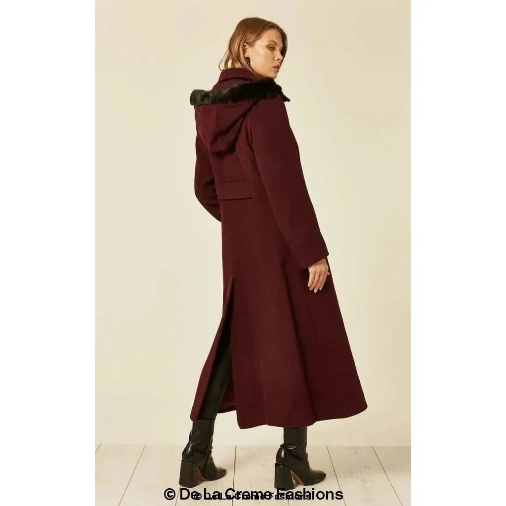 Wool Blend Faux Fur Trim Hooded Long Coat