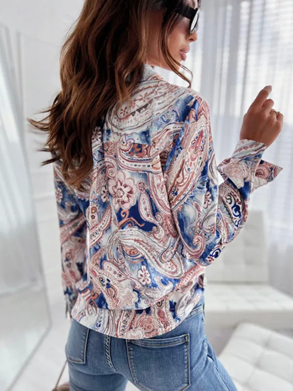 xakxx Trendy Long Sleeves Loose Printed Lapel Collar Blouses&Shirts Tops