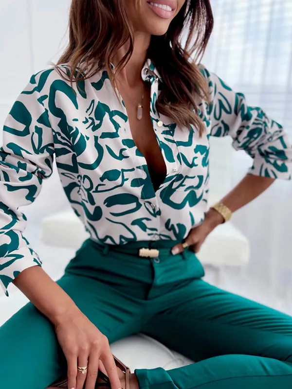 xakxx Trendy Long Sleeves Loose Printed Lapel Collar Blouses&Shirts Tops