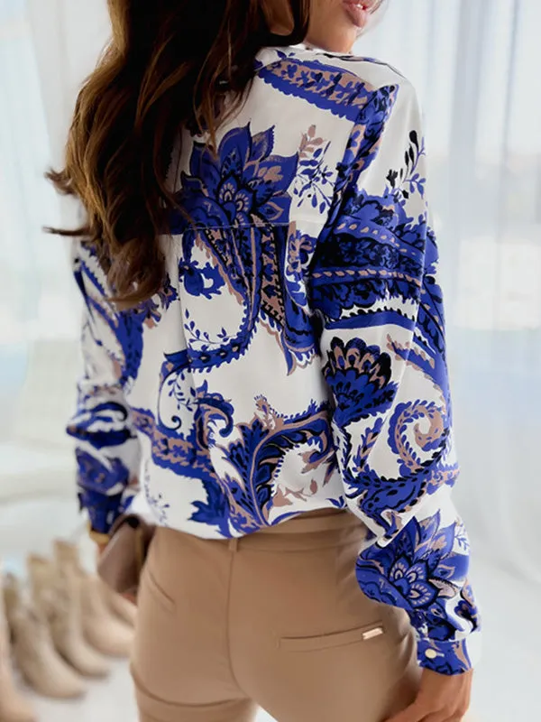 xakxx Trendy Long Sleeves Loose Printed Lapel Collar Blouses&Shirts Tops