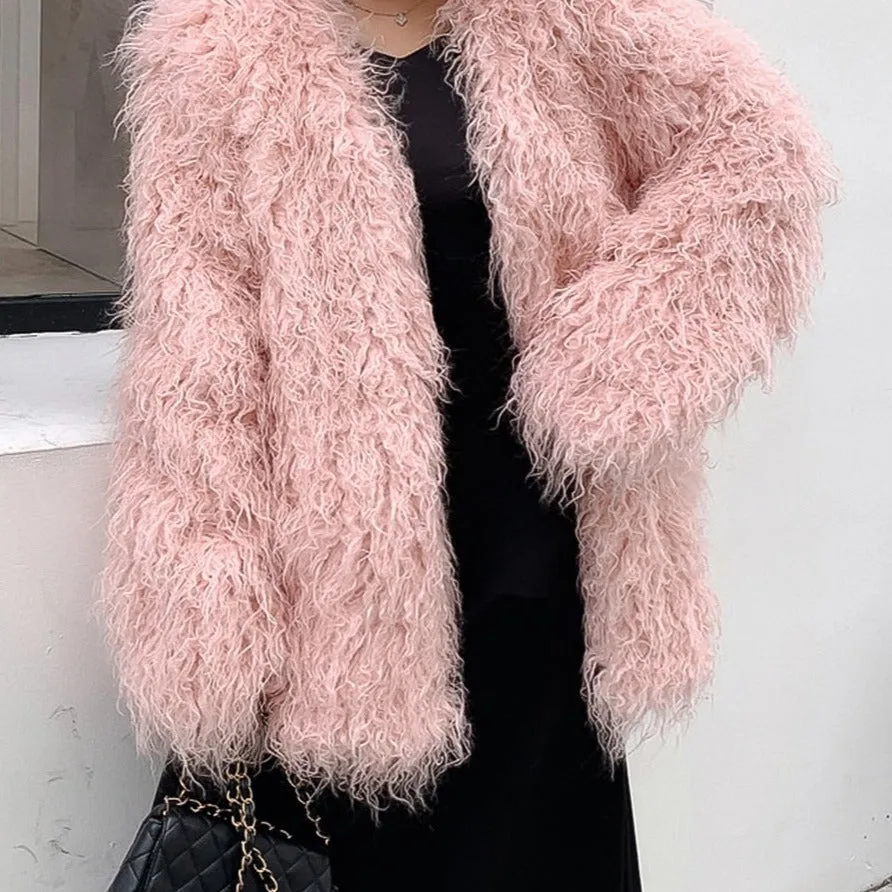 xakxx Winter Mongolia Sheep Fur Coat Women Warm Faux Fur Coats Fluffy Furry Wool Jacket Sexy Outerwear Ladies Fur Overcoat Outerwear