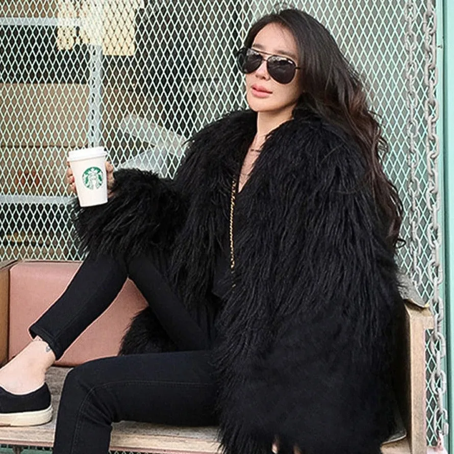 xakxx Winter Mongolia Sheep Fur Coat Women Warm Faux Fur Coats Fluffy Furry Wool Jacket Sexy Outerwear Ladies Fur Overcoat Outerwear