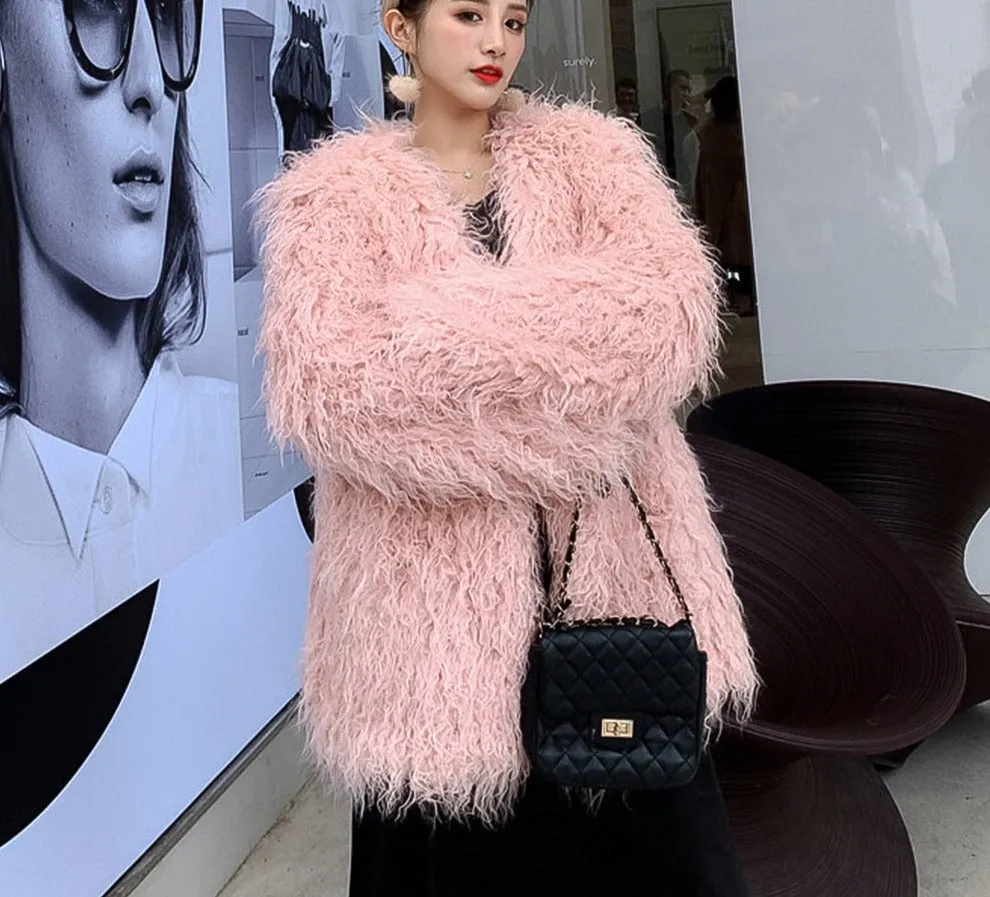 xakxx Winter Mongolia Sheep Fur Coat Women Warm Faux Fur Coats Fluffy Furry Wool Jacket Sexy Outerwear Ladies Fur Overcoat Outerwear