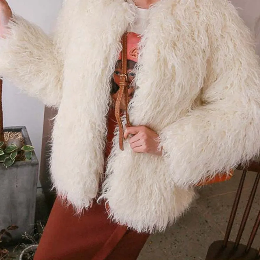xakxx Winter Mongolia Sheep Fur Coat Women Warm Faux Fur Coats Fluffy Furry Wool Jacket Sexy Outerwear Ladies Fur Overcoat Outerwear