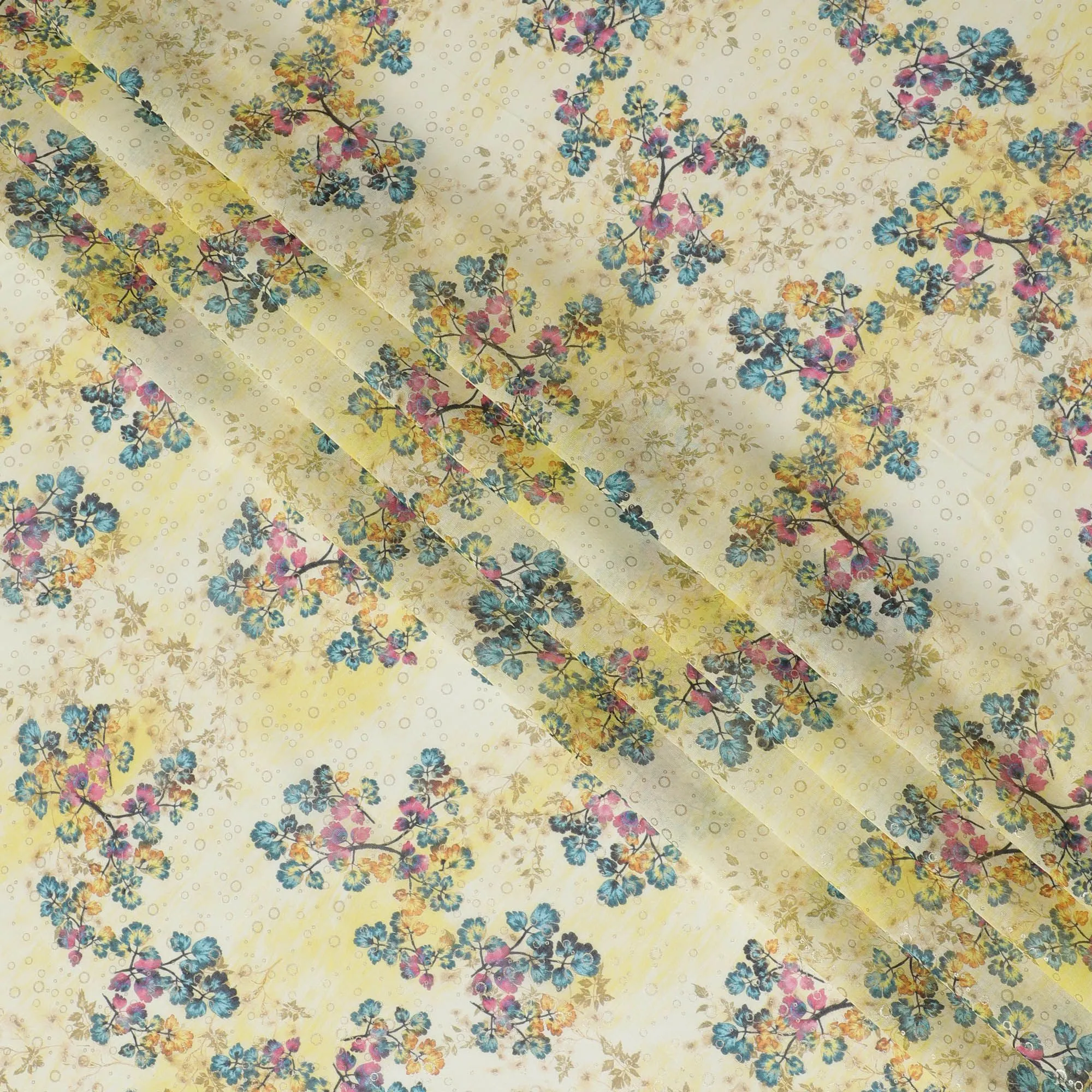 Yellow Pure cotton voile fabric with multicolor print with golden foil in floral design-D16559