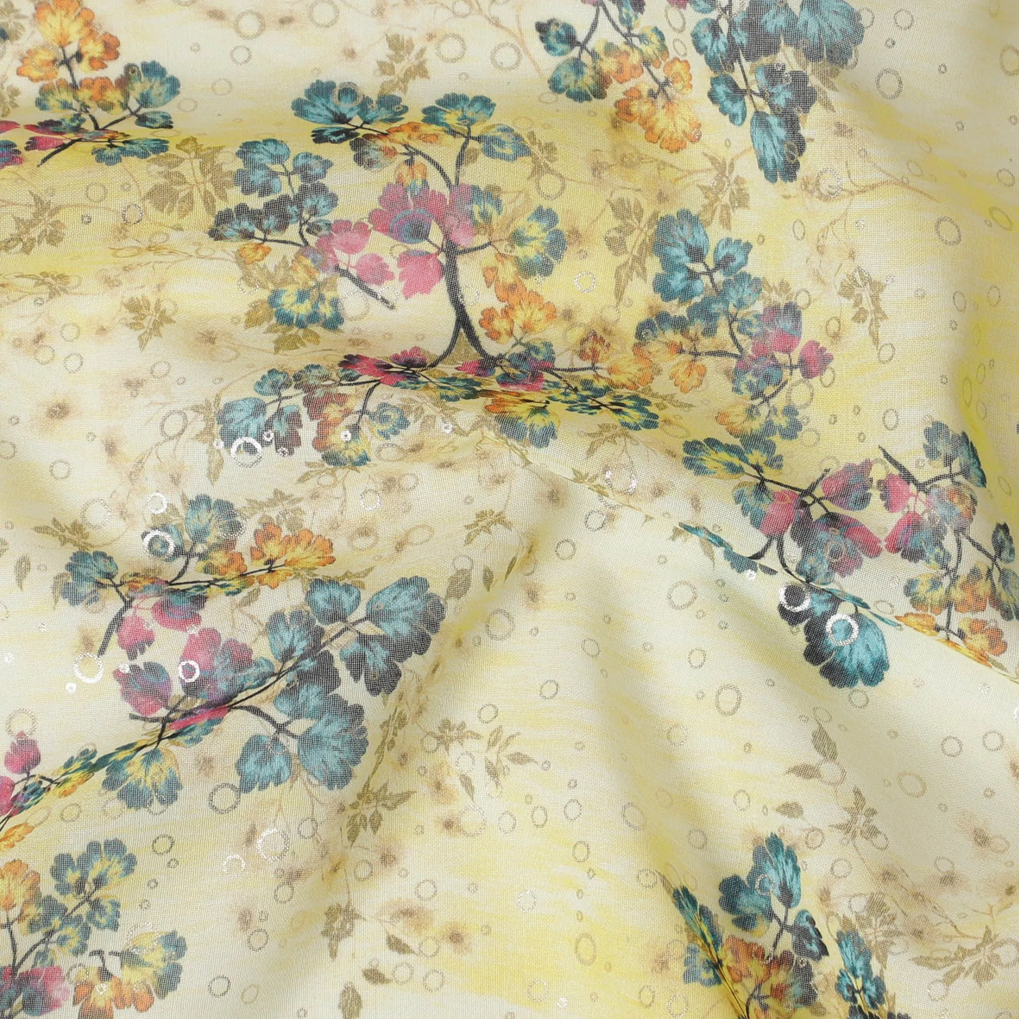 Yellow Pure cotton voile fabric with multicolor print with golden foil in floral design-D16559