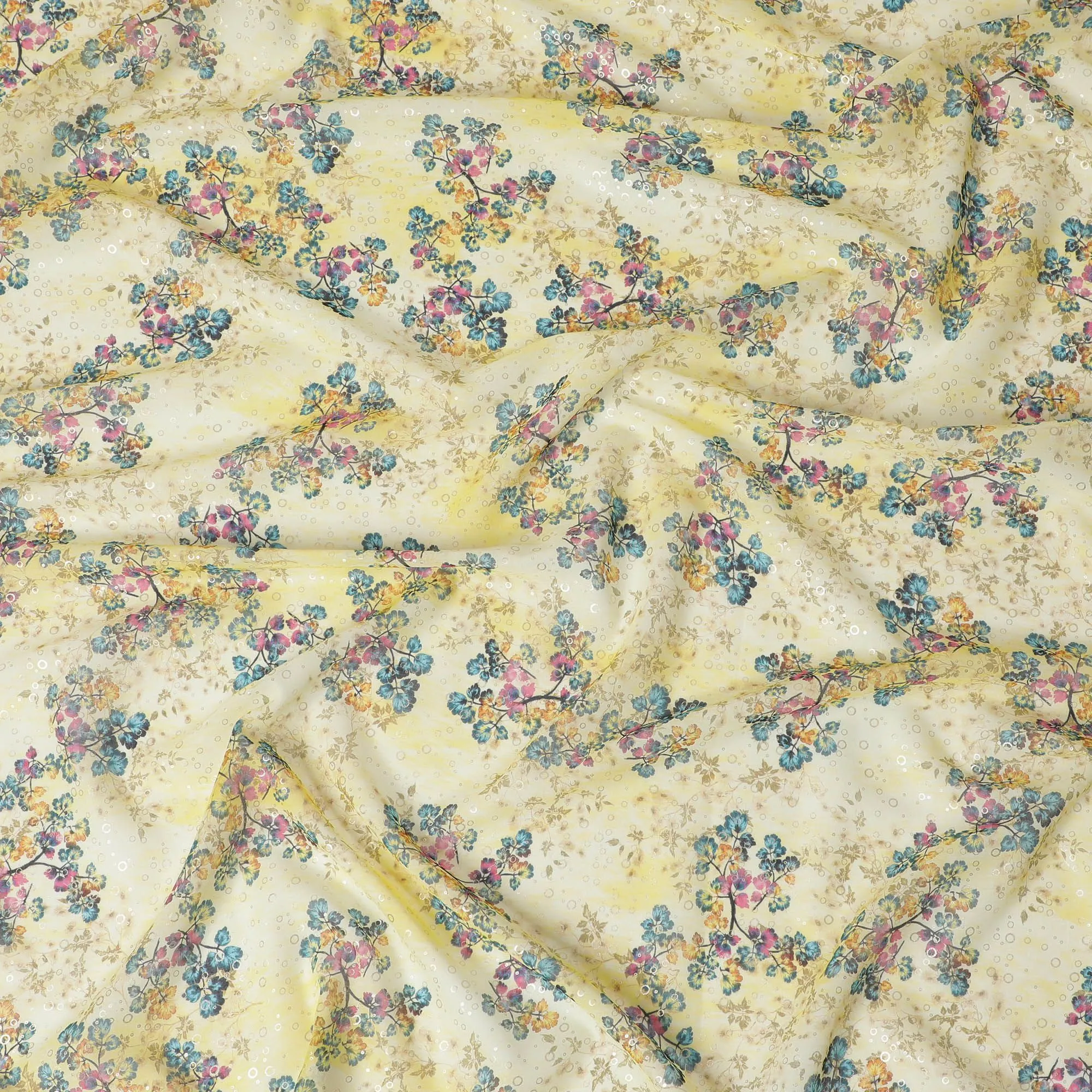 Yellow Pure cotton voile fabric with multicolor print with golden foil in floral design-D16559