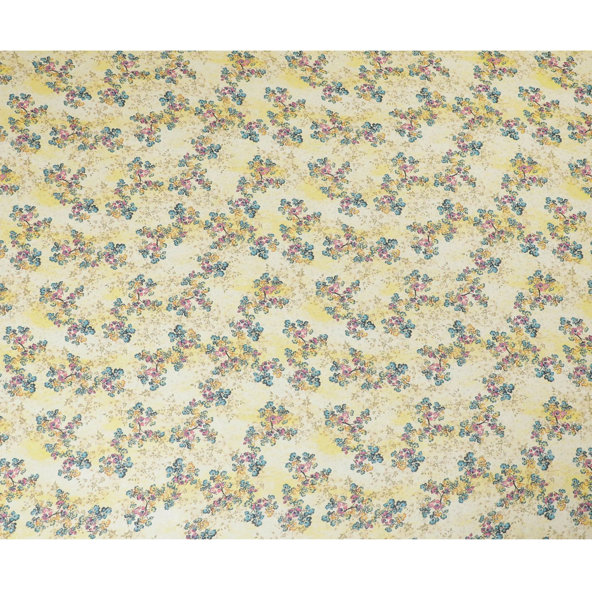 Yellow Pure cotton voile fabric with multicolor print with golden foil in floral design-D16559