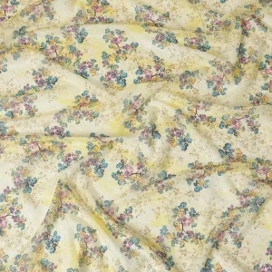 Yellow Pure cotton voile fabric with multicolor print with golden foil in floral design-D16559