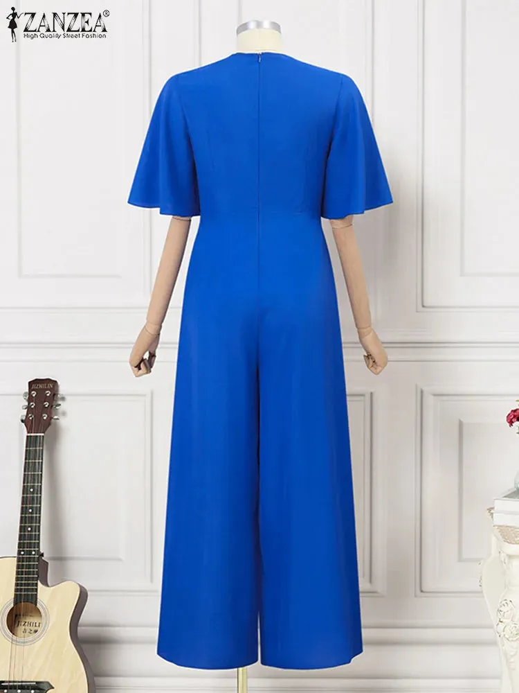 ZANZEA 2024 Summer Elegant Women Jumpsuits Overalls Ruffled Half Sleeve Long Rompers Office Commuting Wide Leg Pants Playsuits